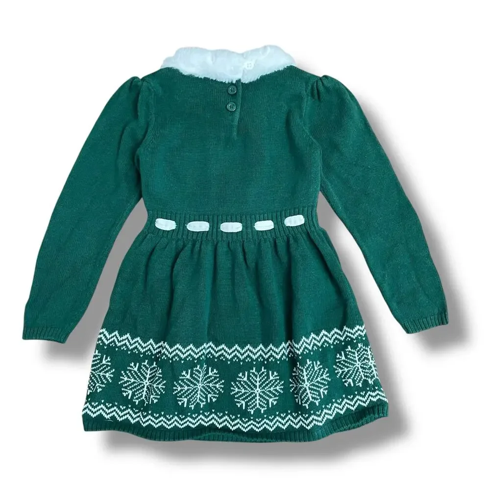 Gymboree 3T Green Snowflake Sweater Dress Faux‎ Fur Collar Holiday Knit Winter